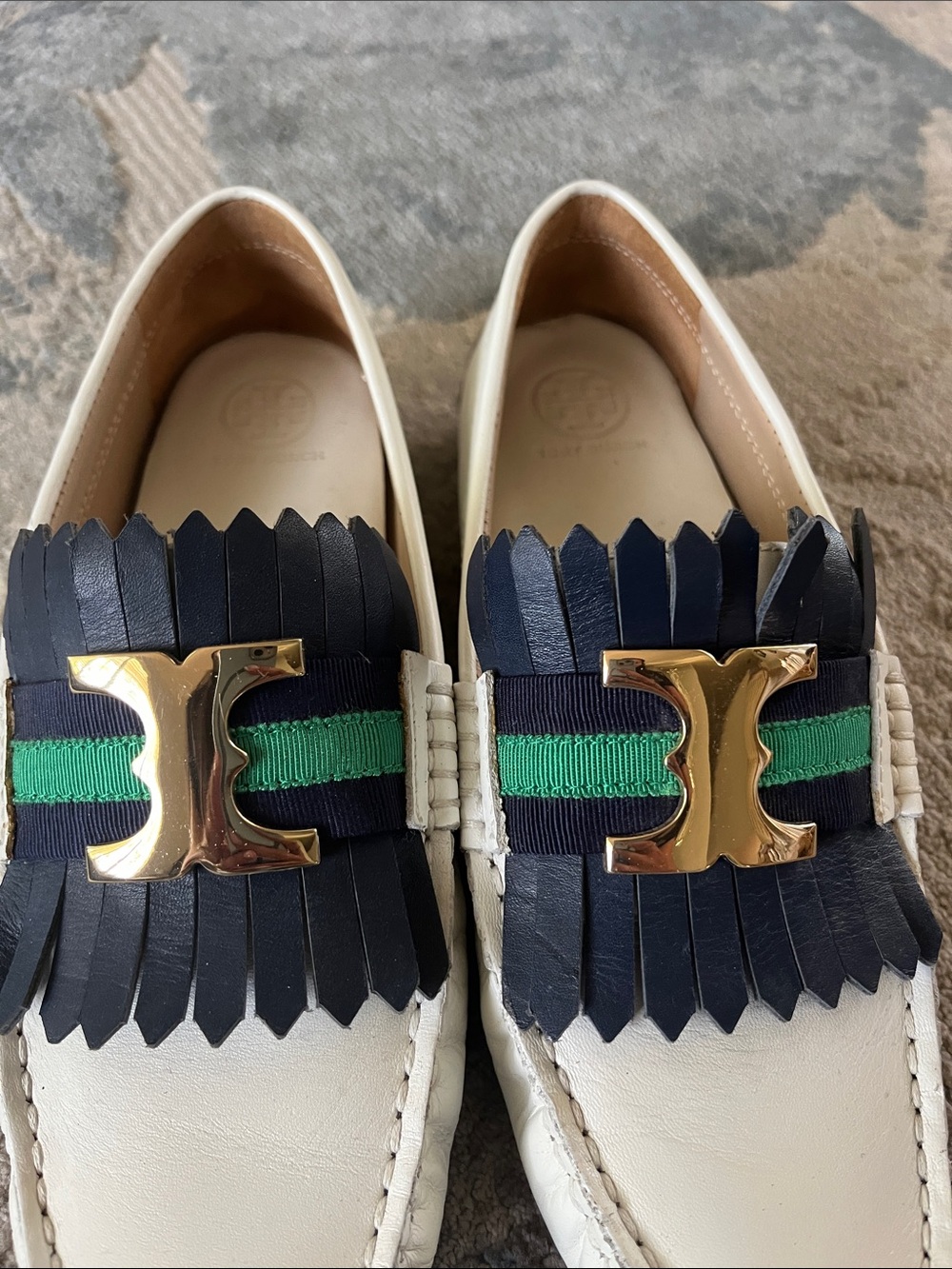 Tory Burch Cream Leather Loafers with Navy Kiltie and Green Stripe - Picture 3 of 7
